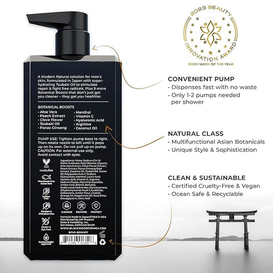 Blackwood For Men Pure Moisture Body Wash - Natural Mens Body Wash with Ginseng & Cooling Menthol - Sulfate Free Moisturizing Cleanser & Bodywash for Dry Skin or Sensitive Skin - Dye Free, Vegan, 17oz