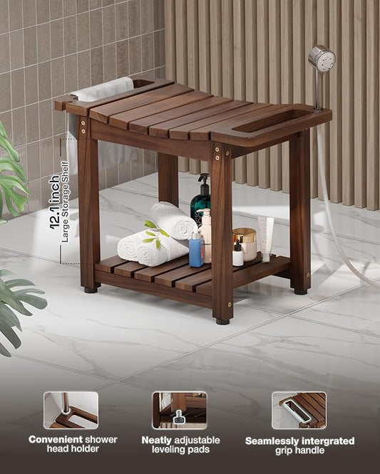 BLUEWEST Shower Bench Seat with Storage Shelf, Natural Wood Shower Benches for Inside Shower to Sit on, Waterproof Bathroom Spa Bench Stool for Legs Shaving with Built-in Handle & Shower Head Holder