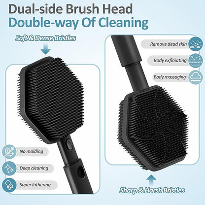Silicone Back Scrubber & Soft Bath Glove 2PCS, 16''- 21''Extendable Back Scrubber with Dual-Side Large Head, 360° Anti-Slip Hand-fit Silicone Body Scrubber for Rich Foaming Deep Cleaning(Black)