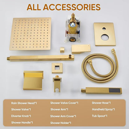 Gold Tub Shower System, All Metal Tub Shower Faucet Set with 12" Rain Shower Head and Handheld Spray combo, Wall Mounted Shower Systems with Tub Spout, Valve and Trim Kit, Brushed Gold