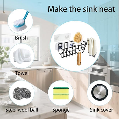 Sponge Holder with Dish Cloth Hanger for Kitchen Sink, In-sink Caddy Organizer with Suction Cups & Adhesive Strips, Rustproof Sponge Rack for Soap, Brush, Scrubber - Black