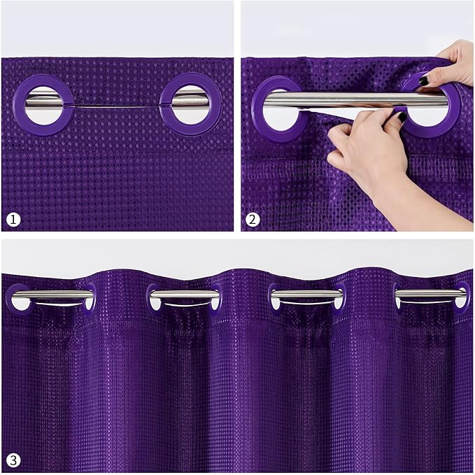 MitoVilla No Hooks Required Purple Waffle Shower Curtain Liner Set, Modern Heavyweight Fabric Shower Curtain Set with Snap-in Liner for Hotel Grade Spa-Like Bathroom Decor, Lavender, 72 x 74