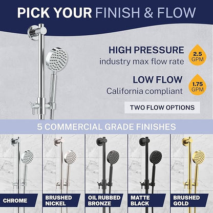 HammerHead Showers® SOLID METAL 27.5 Inch Shower Slide Bar Set and Handheld Shower Head with Hose — CHROME — 1.75 GPM Low Flow Spray Wand — Easily Adjust Height & Angle of Handshower