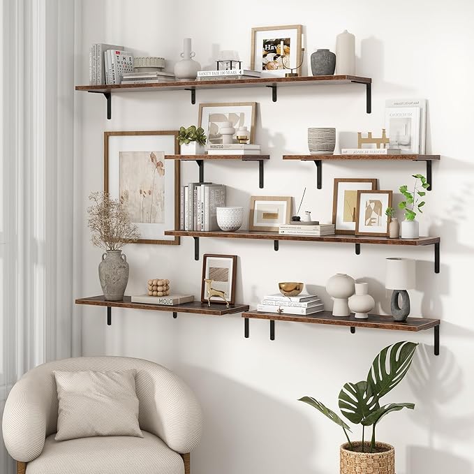 Fun Memories Deep Floating Shelves, 24W x 8D Floating Shelves Set of 2, Wall Mounted Shelf with Metal Brackets, Rustic Wood Wall Shelf for Bathroom, Kitchen and Living Room, Rustic Brown