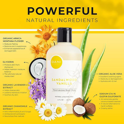DANI Naturals Body Wash - Warm Sandalwood Vanilla Scent with Organic Aloe Vera & Natural Glycerin - Sulfate & Paraben-Free Shower Gel - For Men & Women - 12 oz - Vegan & Cruelty-Free