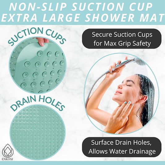 ENKOSI Extra Large Shower Mat Non Slip - 47 x 32 inch - XL Bathroom Shower Mat - Large Shower Matts for Shower Stall Floors - Secure Suction Cups and Drain Holes (47x32 Aqua Green)