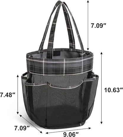 Mesh Shower Caddy Portable, Bathroom Caddy Organizer for College Dorm Essentials, Hanging Shower Tote Bag with 7 Pockets for Beach, Swimming, Gym camping Grey Black Checkered