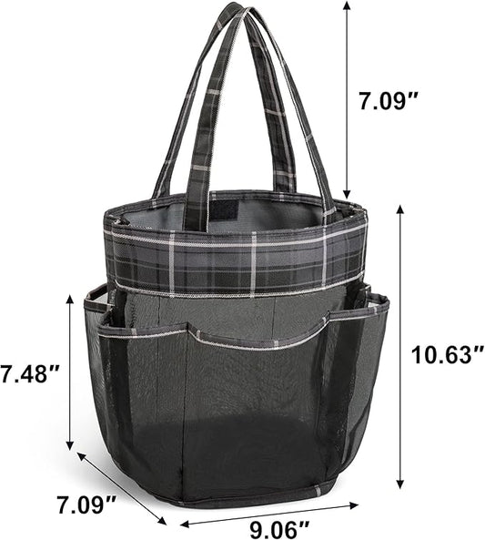 Mesh Shower Caddy Portable, Bathroom Caddy Organizer for College Dorm Essentials, Hanging Shower Tote Bag with 7 Pockets for Beach, Swimming, Gym camping Grey Black Checkered