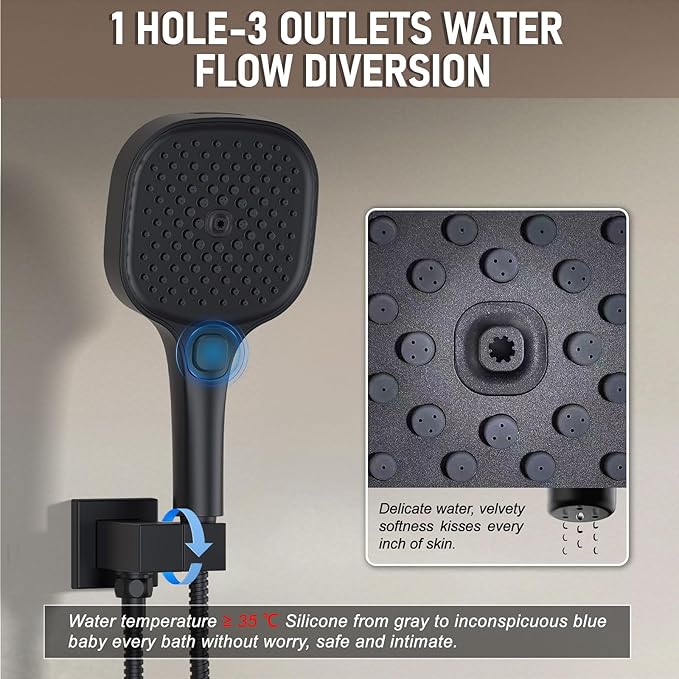 Shower Faucet Set Matte Black Shower System, Push Button Diverter 3-Way Shower Valve Kit, Wall Mount 12 Inch Overhead Shower Head with 6 Inch Side Spray Shower Head, 4 Modes Flow Handheld Shower