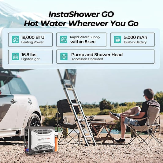 FOGATTI InstaShower GO, Portable Propane Tankless Water Heater 19,000 BTU, with 5000mAh Rechargeable Built-in Battery, DC 12V, Outdoor Camping Shower