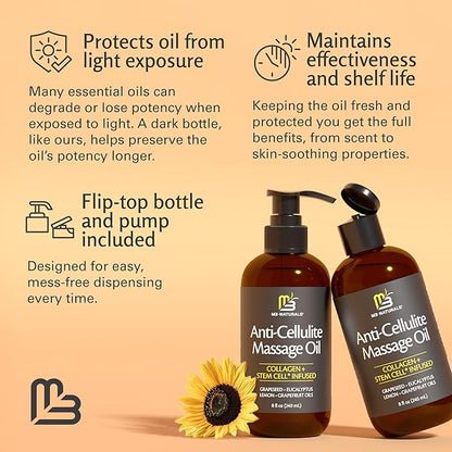Firming Body Massage Oil with Collagen & Stem Cell – Helps Smooth The Appearance of Cellulite & Improve Skin Texture – Refreshing Aromatherapy Body Oil for Legs & Full Body – 8 Fl Oz by M3 Naturals