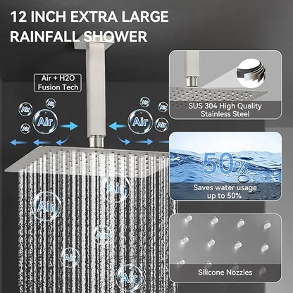 Brushed Nickel Shower System with Jets,Bostingner 4 Way Shower Faucet Set with 2 in1 Handheld,Ceiling Mount 12"+6" Rain Shower Head Wall Mounted, 4 Body Spray Jets Dual Head Shower Set
