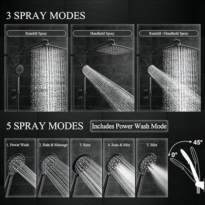 Veken 11.8" Rain Shower Head with Handheld, High Pressure Handheld Shower Heads with Multi Spray Modes, Rainfall Combo with 15" Metal Extension Arm,Detachable Dual Shower, Long 6 ft. Hose,Matte Black