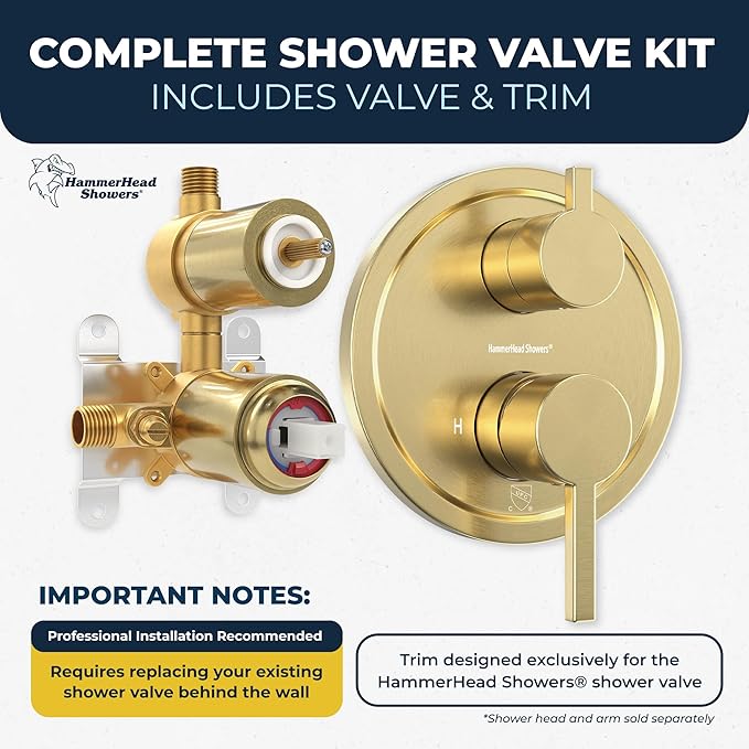 HammerHead Showers Solid Metal Two-Handle Shower Valve and Trim Kit, Volume and Temperature Control with Integrated Diverter, Pressure Balance Rough-In Valve Included, Brushed Gold