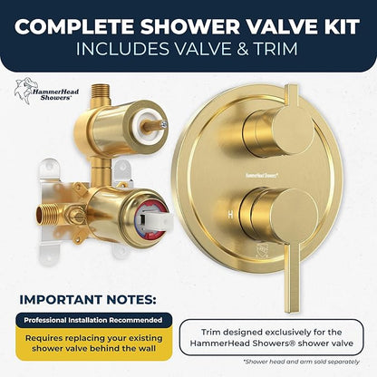 HammerHead Showers Solid Metal Two-Handle Shower Valve and Trim Kit, Volume and Temperature Control with Integrated Diverter, Pressure Balance Rough-In Valve Included, Brushed Gold
