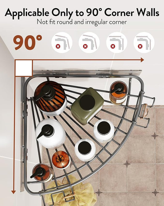 Orimade Corner Shower Caddy with 2 Hooks Wall Mounted Metal Bathroom Shelf Storage Organizer Adhesive No Drilling 2 Pack, Grey Only for 90-Degree Corner