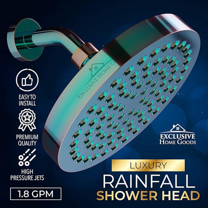 Rainfall Shower Head - 6" High Pressure Shower Heads - 1.8 GPM Shower Heads with Anti-Clog 90 Rubber Jets - 360° Rotation Adjustable Shower Head - Rustproof Bathroom Shower Head - Polished Rainbow