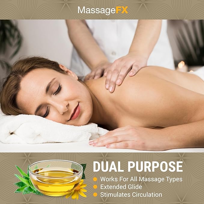 Massage Oil by Massage FX - 100% Pure Sweet Almond & Sunflower Seed Oil - Vitamin E - Ivy, Arnica & Aloe - Unscented - Perfect for a Full Body Massage, Maximum Friction - Paraben Free - 8 Ounces Pump