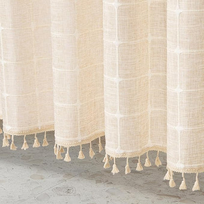 MitoVilla Cream Boho Extra Long Shower Curtain 72 x 84, Modern Farmhouse 84 inch XL Polyester Linen Texture Tassel Fabric Shower Curtain Set with Hooks for Cottagecore Country Bathroom Decor, Beige