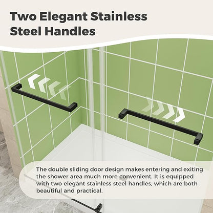 DELAVIN 56-60" W x 75" H Double Sliding Frameless Shower Door, Glass Shower Door with 1/4"(6mm) SGCC Tempered Glass, Noiseless Shatterproof Shower Doors Stainless Steel, Aluminum, Black