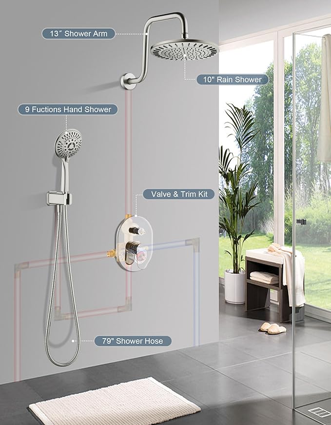 BRIGHT SHOWERS Shower Faucet Set, Shower System with Shower Valve Trim Kit, Double Handle Shower Fixture Rainfall Shower Head and 9-Setting Handheld Spray Combo, Valve Included, Brushed Nickel