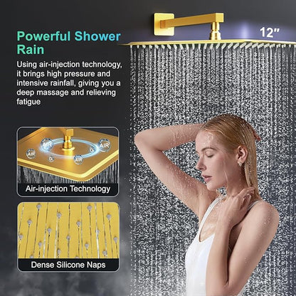 SR SUN RISE 12 Inch Brushed Gold Shower Faucet Set, Wall-Mount Adjustable 16-Inch Slide Bar with Square Hand Shower System Included Valve and Trim Kit
