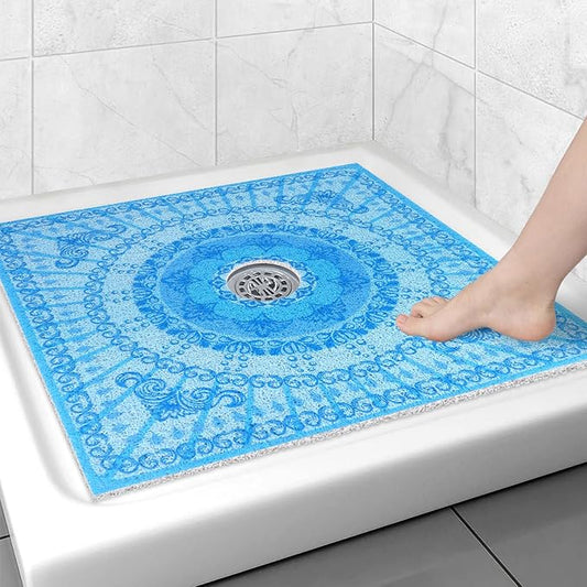 Square Shower Mat Non Slip: 31x31 Inch Extra Large Shower Floor Mat with Drain Hole in Middle - Soft PVC Loofah Bath Mat for Shower - Anti Slip Shower Stall Mat for Elderly and Kids