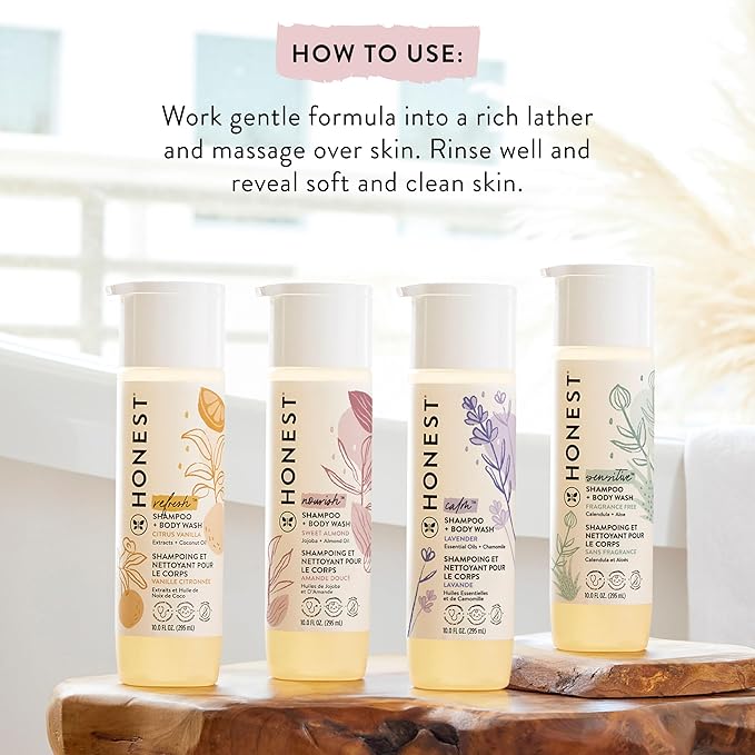 The Honest Company 2-in-1 Cleansing Shampoo Body Wash Gentle for Baby Naturally Derived Tear-free Hypoallergenic Sweet Almond Nourish 10 fl oz