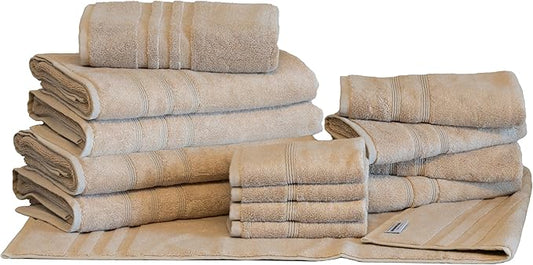 Mosobam Luxury Turkish 14pc Deluxe Bath Bundle Body Hand Face Towel and Mat Light Taupe 700 GSM & 1000 GSM Bamboo Viscose & Aegean Turkish Combed Cotton
