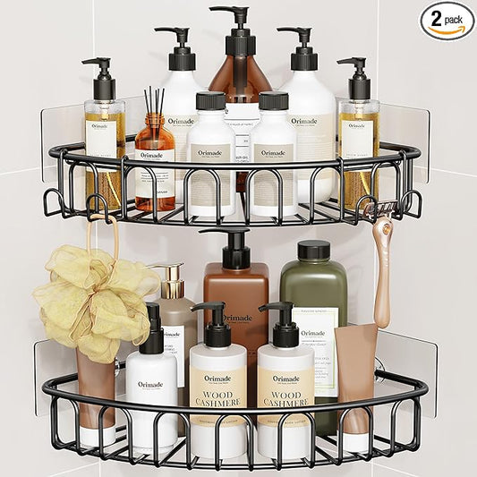 Orimade Corner Shower Caddy Stainless Steel with Hooks Wall Mounted Bathroom Shelf Storage Organizer Adhesive No Drilling 2 Pack, Black Only for 90-Degree Corner