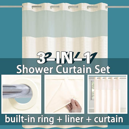 Conbo Mio No Hook Shower Curtain with Snap in Liner Set, Hotel Luxury Beige Shower Curtains for Bathroom with See Through Top Window, Waterproof, Washable 71W x 74H