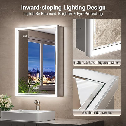 20x26 Lighted Medicine Cabinet with Beveled Mirror & Clock, Surface or Recessed Mirrored Medicine Cabinet with Dimmable Light Anti-fog, Built-in Sensing Light & Outlet, Soft-Close Right Hinge