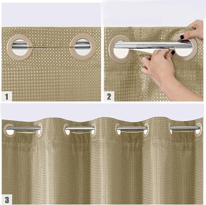 MitoVilla No Hooks Needed Extra Long Shower Curtain Liner Set, Beige 86 inch XL Heavyweight Waffle Fabric Cloth Shower Curtains Set with Snap-in Liner for Modern Luxury Hotel & Spa Bathroom Decor