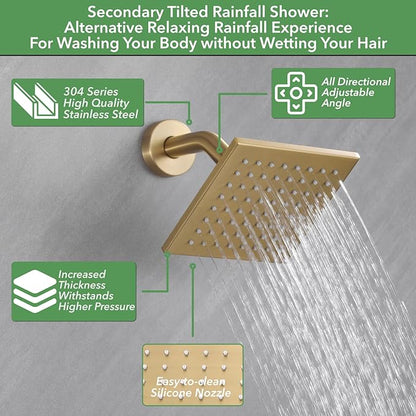 VANFOXLE Shower Faucet Set Brushed Gold Shower System,Push Button Diverter Shower Faucet with 2 in 1 Handheld,Ceiling Mount Increased Thickness 12 Inch Shower Head with 6 Inch Wall Mount Shower Head