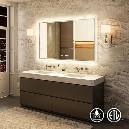 48x30 Beveled Lighted Medicine Cabinet with Mirror & Lights, Surface or Recessed Mirrored Medicine Cabinet with Outlet & Clock, Anti-Fog Dimmable LED Storage Cabinet, Built-in Sensor Light