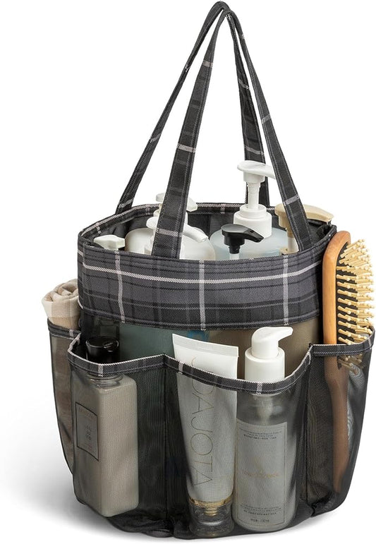 Mesh Shower Caddy Portable, Bathroom Caddy Organizer for College Dorm Essentials, Hanging Shower Tote Bag with 7 Pockets for Beach, Swimming, Gym camping Grey Black Checkered