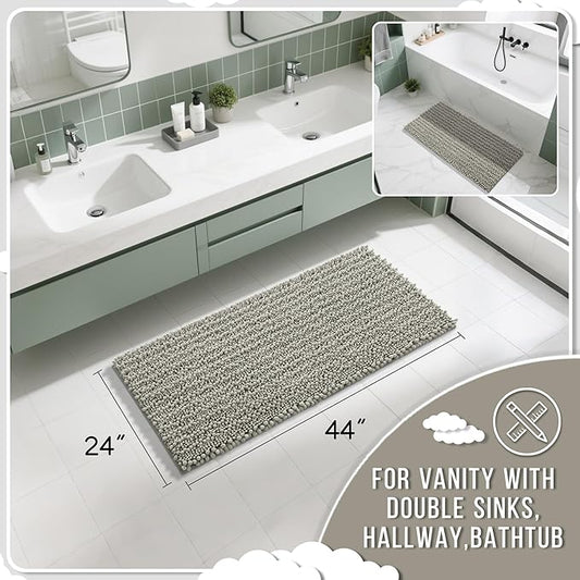 Yimobra Long Bathroom Rugs Non Slip Washable 44x24 Inch - Ultra Soft Absorbent Chenille Bath Mat, Quick Dry Shaggy Floor Carpet for Tub Shower, Sand Home Decor Accessories