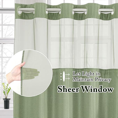 Gibelle Stall Small Shower Curtain 36x74, Waffle Weave Shower Curtain with Snap-in Fabric Liner Set, No Hooks Needed, Hotel Style with Mesh Top Window, Sage Green