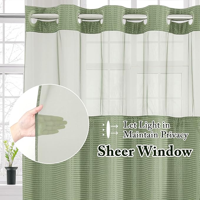 Gibelle Extra Long Shower Curtain 72x86, Waffle Weave Bathroom Shower Curtain with Snap-in Fabric Liner Set, No Hooks Needed, Hotel Style with Mesh Top Window, Sage Green