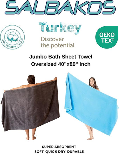 SALBAKOS 100% Turkish Cotton Jumbo Bath Sheet Towel Oversized 40x80 inch | Premium Hotel & Spa Quality, Soft, Absorbent, XL Bath Towels | Made in Turkey (Pack of 1, Gray, Jumbo Bath Sheet)