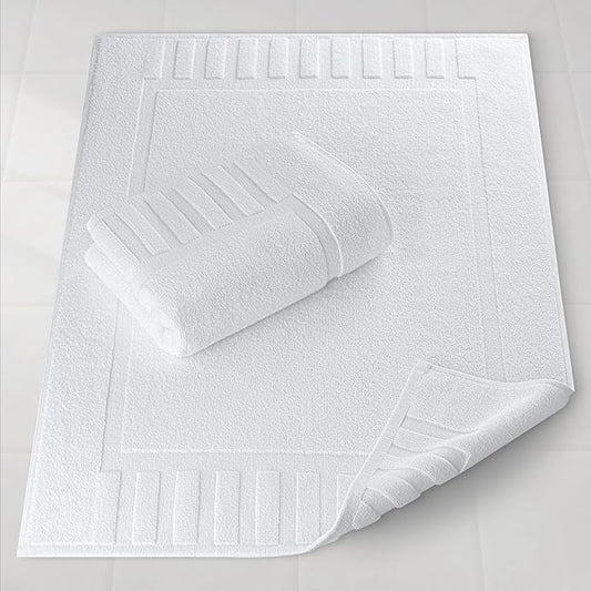 White Classic Luxury Bath Mat Floor Towel Set - Absorbent Cotton Hotel Spa Shower/Bathtub Mats [Not a Bathroom Rug] 22"x34" | 2 Pack | White
