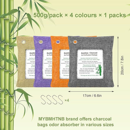 Bamboo Charcoal Bags Odor Absorber 4 Pack×500g Bamboo Charcoal Air Purifying Bags, for Car Air Fresheners, Odor Eliminator for Home，Shoe Deodorizer - Colorful-Activated Charcoal Odor Absorbers