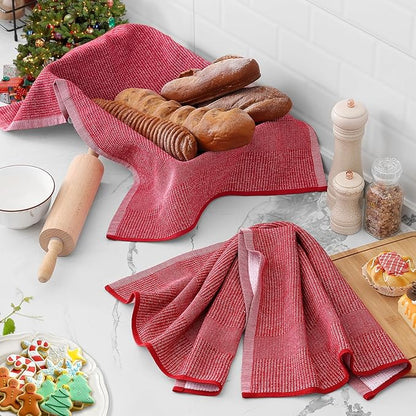Homaxy Premium Kitchen Towels(18”x 28”, 6 Pack), Large Cotton Kitchen Hand Towels, Flat and Terry Dish Towels, 380 GSM Highly Absorbent Tea Towel Set with Hanging Loop, Red