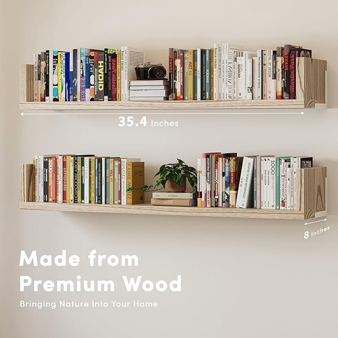 Wall Bookshelf, Set of 3, 36 Inches U Shaped Wall Shelves, Long Deep Floating Shelves, Large Floating Book Shelves - Wood Hanging Bookshelves for Kitchen, Bedroom (Light Brown, 35.4 Inches)