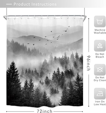 Riyidecor Black and White Shower Curtain 72Wx96H Inch Extra Long Mountain Scenery Nature Pine Tree Cool for Mens Scene View Landscape Bathroom Decor Fabric Polyester Waterproof 12 Pack Hooks