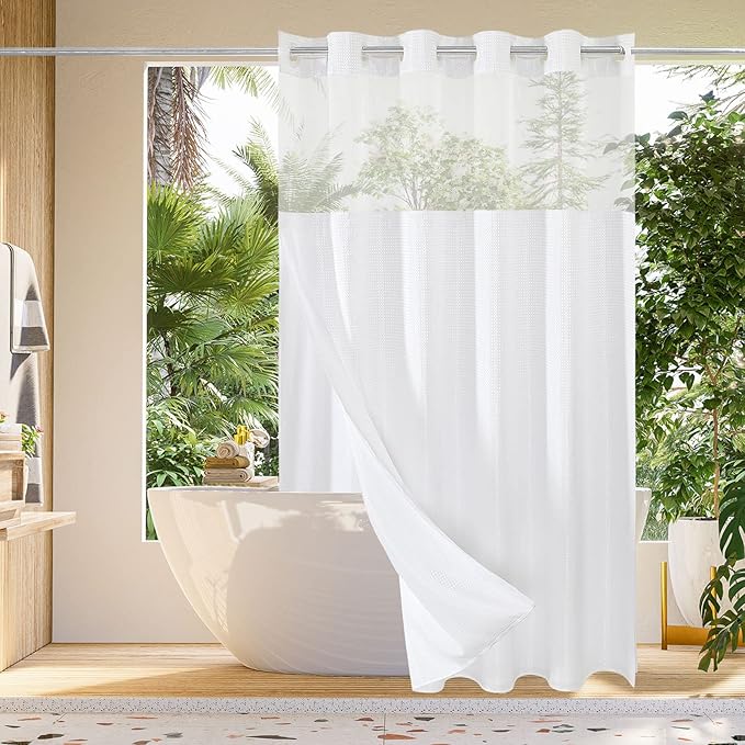Gibelle Long Shower Curtain 72x80, Waffle Weave Bathroom Shower Curtain with Snap-in Fabric Liner Set, No Hooks Needed, Hotel Style with Mesh Top Window, White