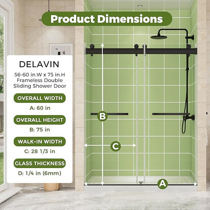 DELAVIN 56-60" W x 75" H Double Sliding Frameless Shower Door, Glass Shower Door with 1/4"(6mm) SGCC Tempered Glass, Noiseless Shatterproof Shower Doors Stainless Steel, Aluminum, Black