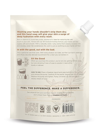 Soapbox Liquid Hand Soap Refill, Coconut Milk & Sandalwood, Vegan, Paraben Free, Moisturizing, Natural Hand Wash for Kitchen and Bathroom, 64oz Half Gallon Refill (Pack of 1)