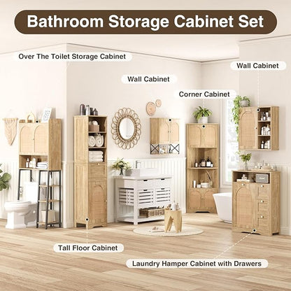 67" H Natural Bathroom Storage Cabinet with Rattan Doors and Slide Storage, Tall Narrow Freestanding Tower Cabinets with Adjustable Shelves for Kitchen, Living Room, Dining Room