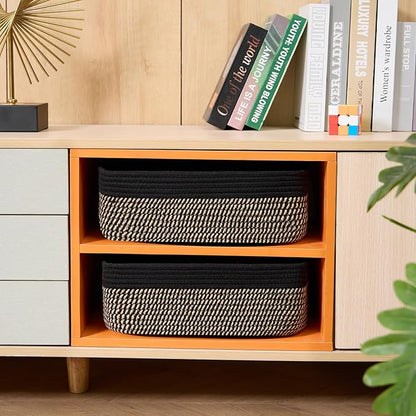 Large Shallow Organizing Baskets 15x11x5.1 Inches - Rope Woven Storage Bins for Bathroom, Shelves, Cube Closet, Black Woven Brown 4 Packs